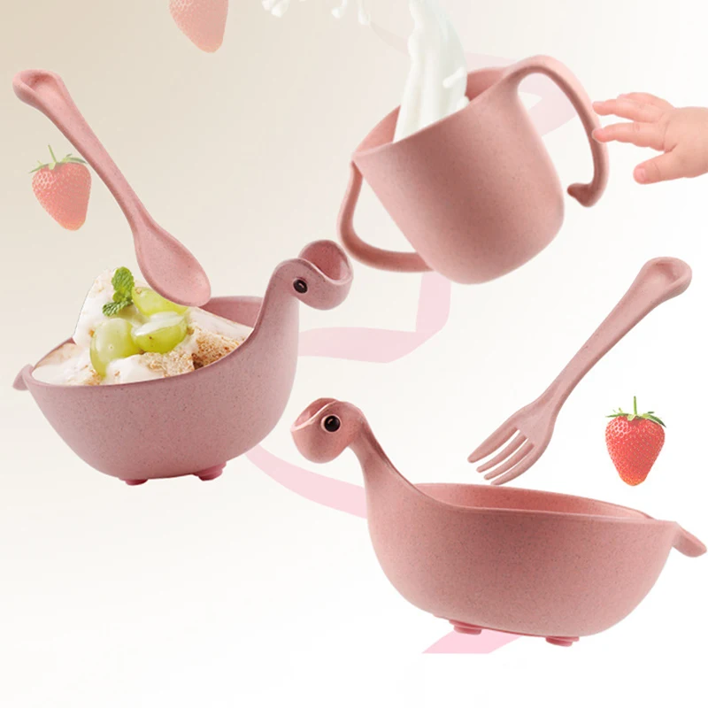 

ideacherry 5 Pcs/Set Children Baby Bamboo Tableware Feeding Dinosaur Dishes Infant Bowl Plate Cup Spoon Fork Dinnerware for Gift