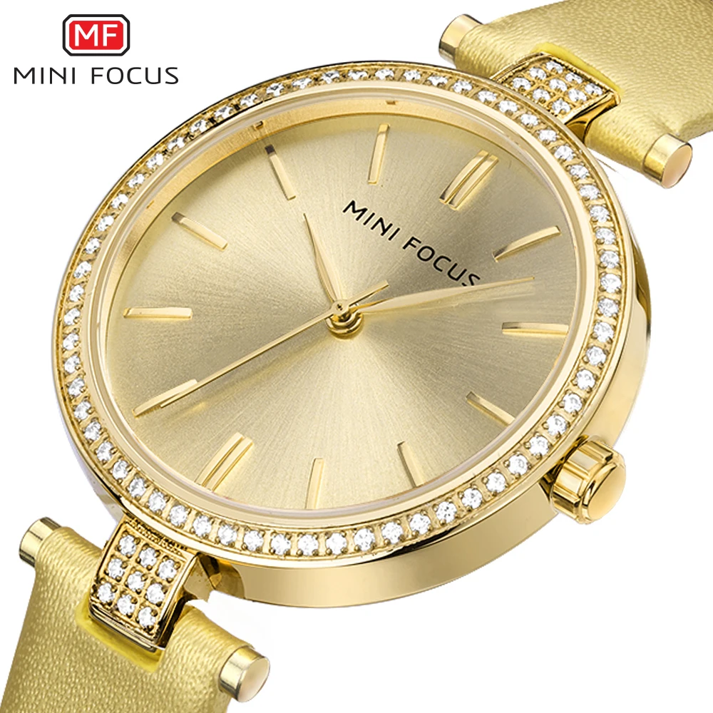 

MINIFOCUS Royal Women Watches Quartz Clock Golden Genuine Leather Strap Crystal Iced Out Top Brand Luxury Ladies Wrist Watch