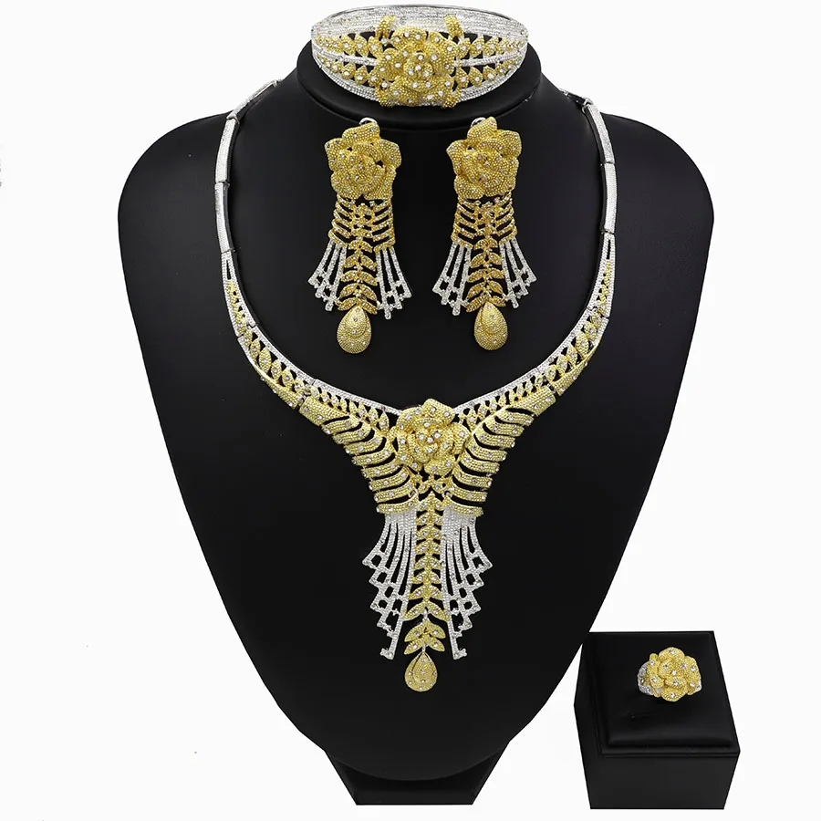 

TSROUND Gold Color Dubai Jewelry Sets for Women Two Tones Ngerian Bridal Wedding CZ 4PCS