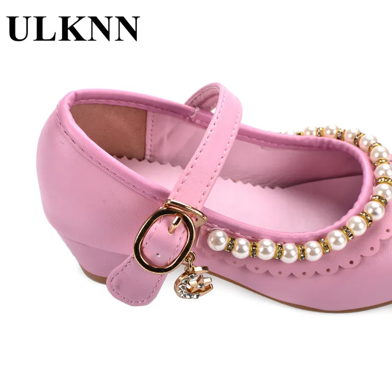 ULKNN Kids Shoes Girls Sandals Ruffles Pink White Fille Shoes Pearl Soft Leather Female Sandal Children Princess Dress