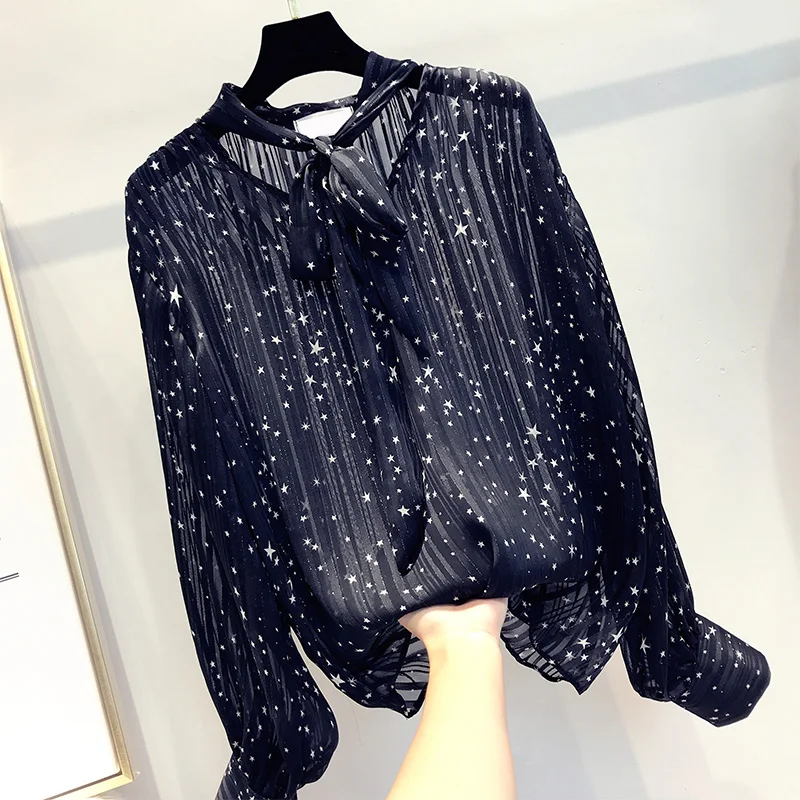 MUMUZI Women OL Stars Print Women Blouse Chiffon Casual Loose Long Sleeve Shirt Tops Female Elegant Hollow out Tops Blouses