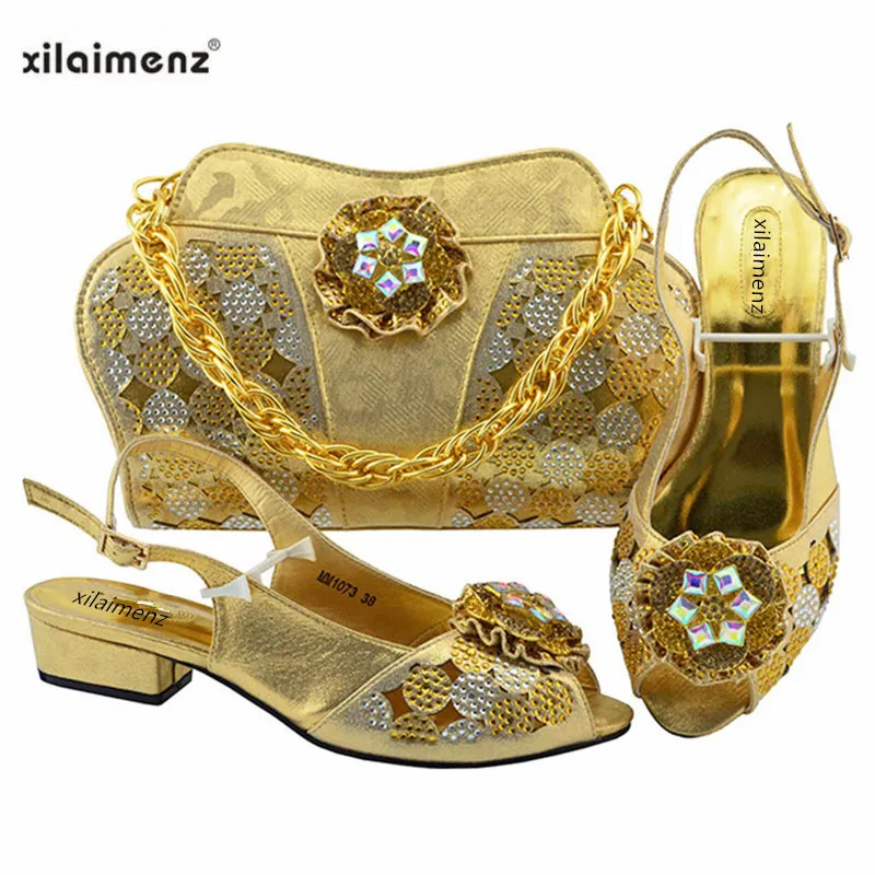 

New Shop 40% Discount 2018 New Arrival Gold Italian Shoes with Matching Bag Set Decorated with Rhinestone Wedding Sandals