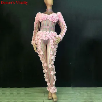 

Rhinestones Pink Flowers Sparkly Jumpsuit Fashion Sexy Big Stretch Dance Costume One-piece Bodysuit Birthday Outfit Jumpsuit