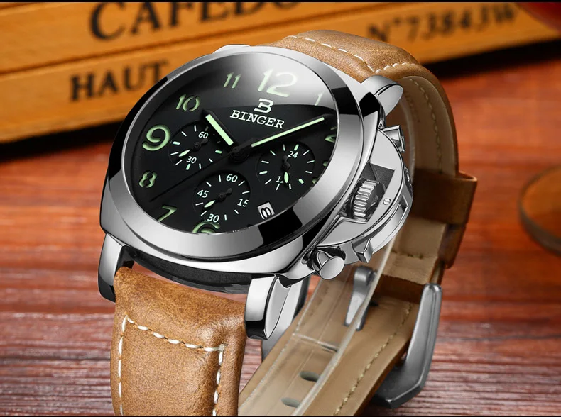 New BINGER Luxury Brand Quartz Watches Men analog chronograph Clock Men Sports Military Leather Strap Fashion Wrist Watch