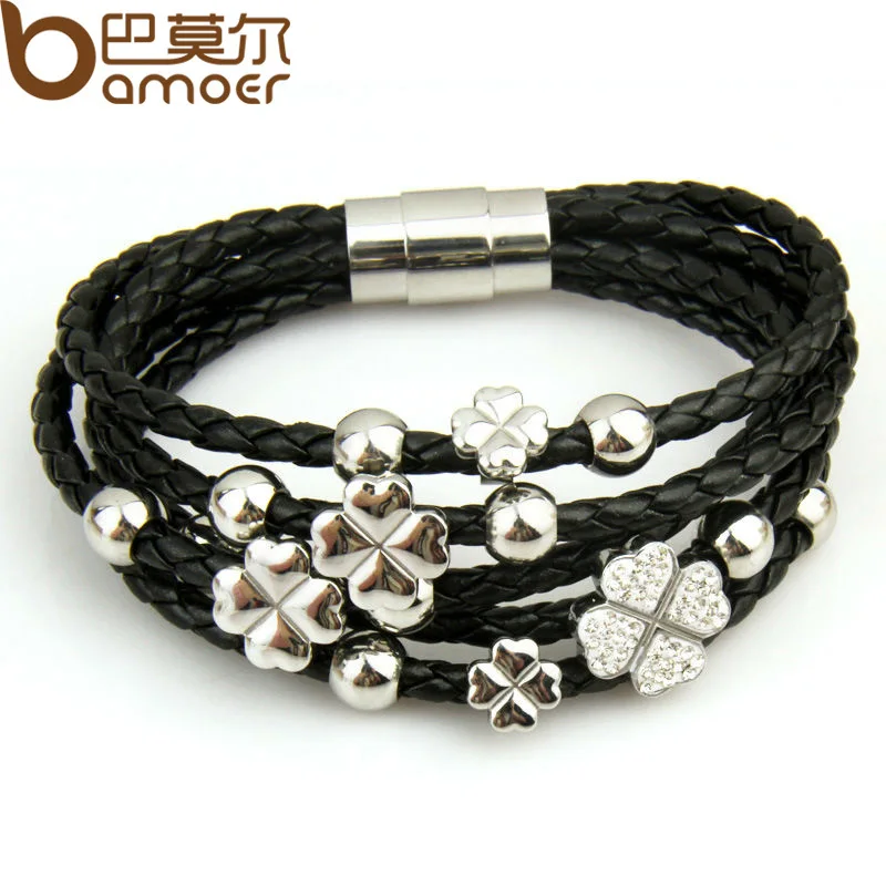 

HOT SELL Leather Wrap Bracelet Leaf Clover Flower Crystal Bangles White for Women Fashion Stainless Steel Jewelry PI0693