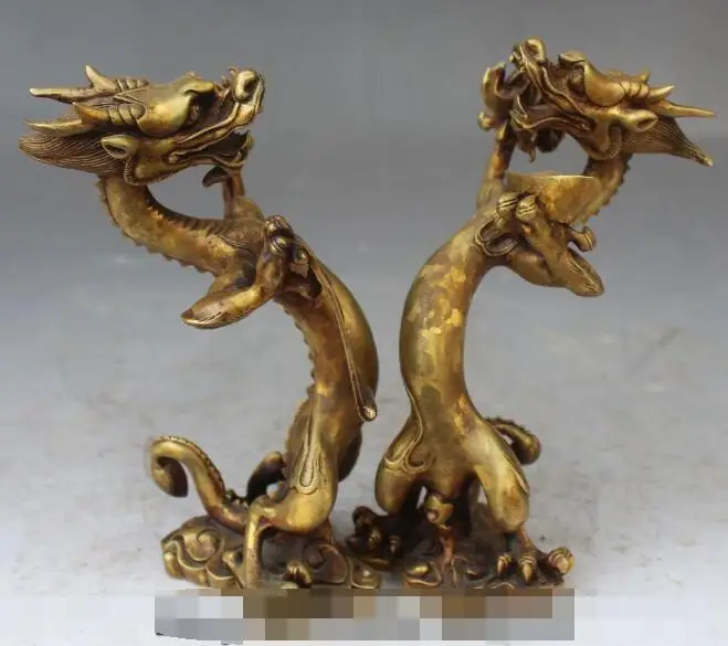 

S1937 6 Chinese FengShui Folk Bronze Zodiac Year Dragon Dragons Beast Statue Pair