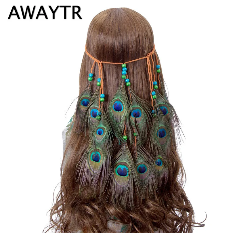 

AWAYTR 2017 Ethnic Peacock Feather Headband for Women Bohemian Headpiece Festival Halloween Headwear Indian Hair Accessories