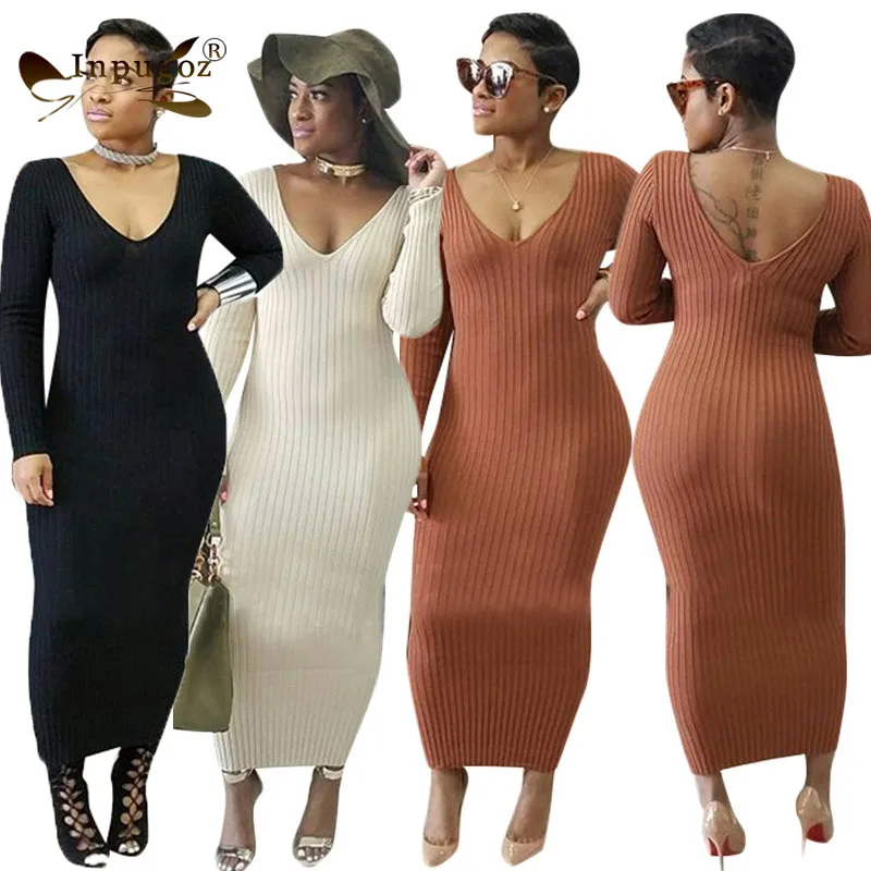 

New Autumn Straight Maxi Dress Rib Knitted Full Sleeve V Neck Sheath Women Long Dress
