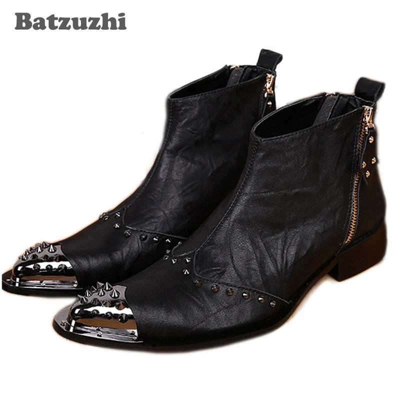 Batzuzhi Western Black Men Leather Boots Fashion Designer Metal Toe