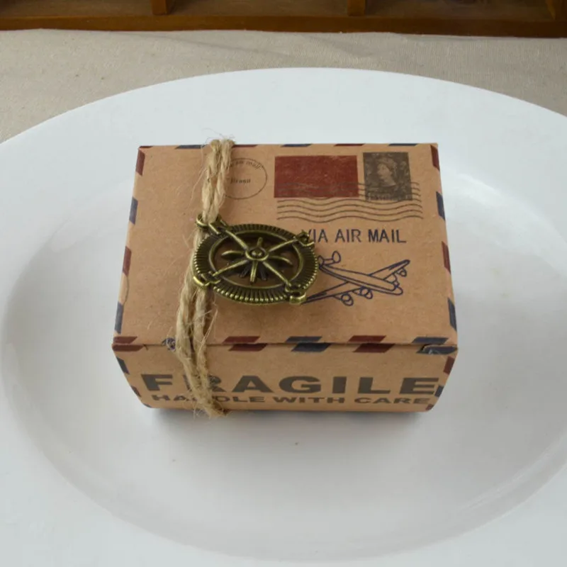 

10PCS Vintage Stamp AirMail Design Dragee Candy Box with Compass/Mini Globe Kraft Carton Box Gifts Bags Wedding Party Supplies