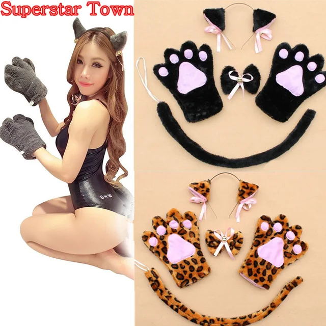 Anime Cosplay Cat Costume Cat Ears Plush Paw Claw Gloves Tail Bow