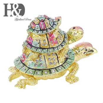 

H&D Turtle Trinket Jewelry Box with Sparkling Crystals,Hinged Trinket Box Hand-Painted Figurine Collectible Ring Holder