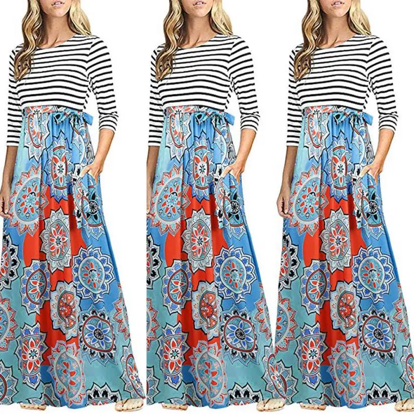 

KANCOOLD Dress Women Striped Print Patchwork Long Sleeve Dress Pocket High Waist Boho Long Maxi Dress women 2018AUG6