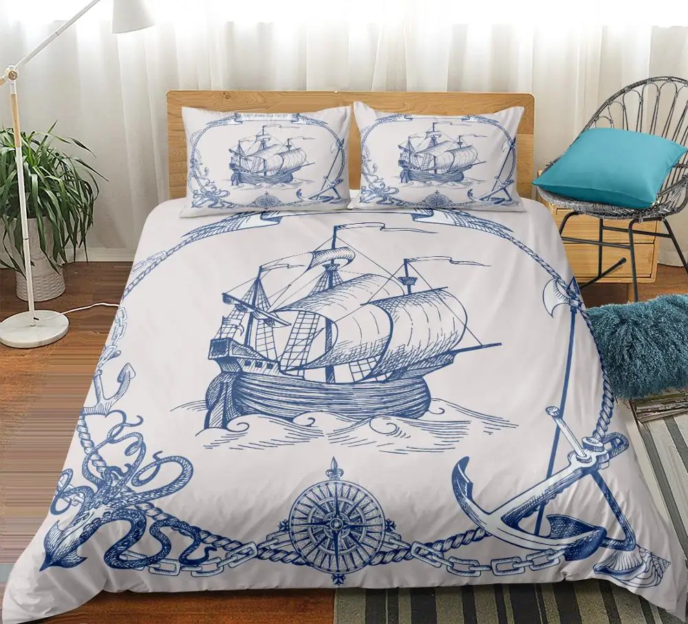 Sailboat Bedding Set Anchor Duvet Cover Set Vintage Style