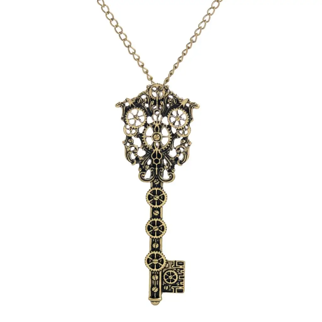 2pcs Vintage Filigree Skeleton Key Gear Cog Steampunk Chain Pendant Necklace