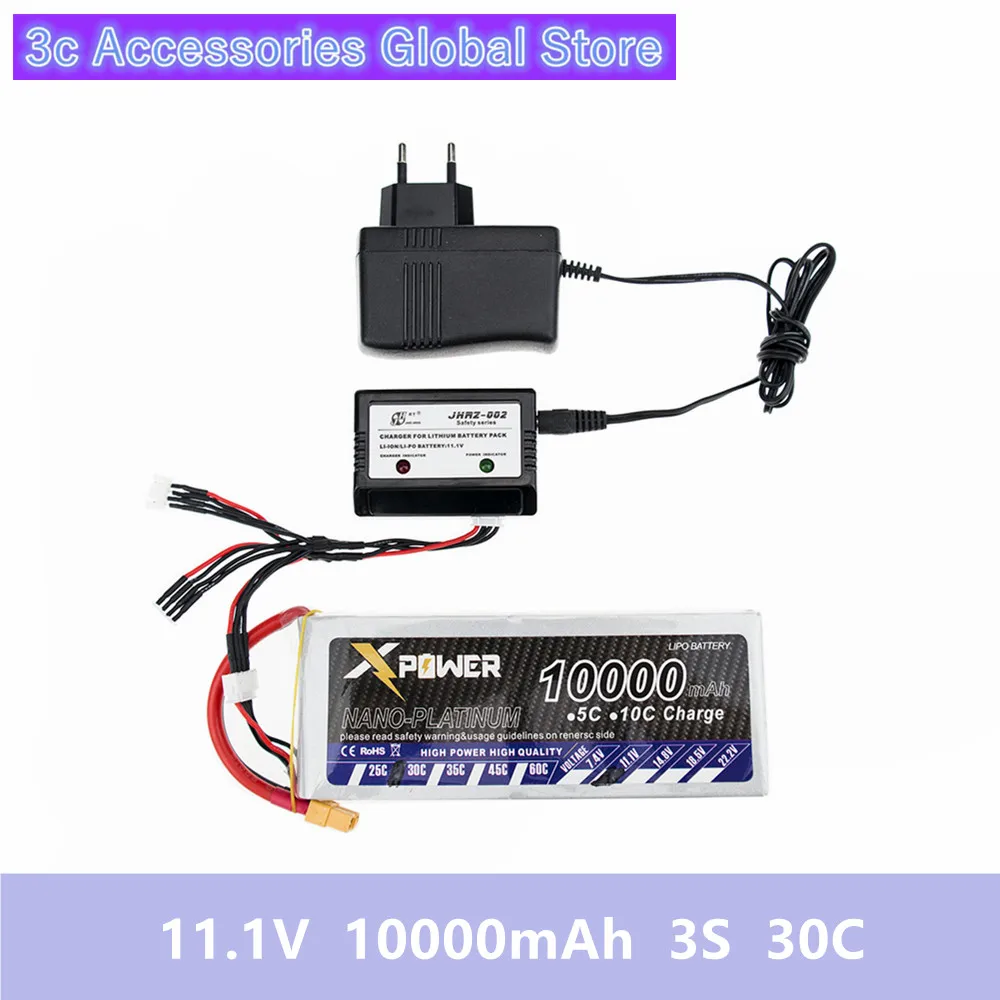RC Drone Batteria 11.1V Lipo 10000mAh 3s 30C XT60 T EC5 Plug With Smart Charger 3 in1 Cable Set For RC Airplane Drone Qctocopter