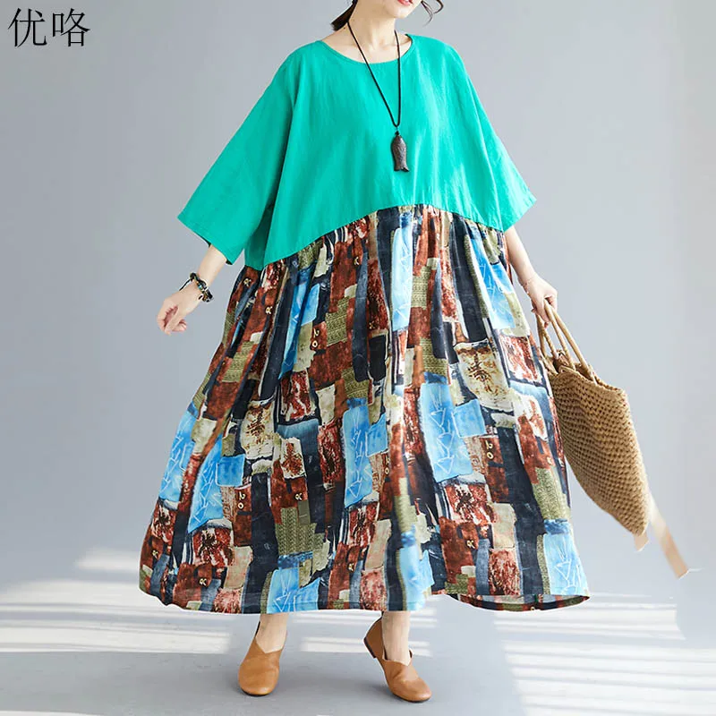 

Women Vintage Cotton Linen Big Swing Dress Art Print Floral Splice Maxi Dress Large Size Batwing Boho Beach Dresses 4XL 5XL 2019
