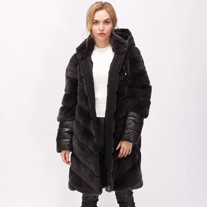 

CNEGOVIK NEW long rex rabbit fur coat stand-collar Women fur jacket designed with removable sleeves and hood down fills sleeves