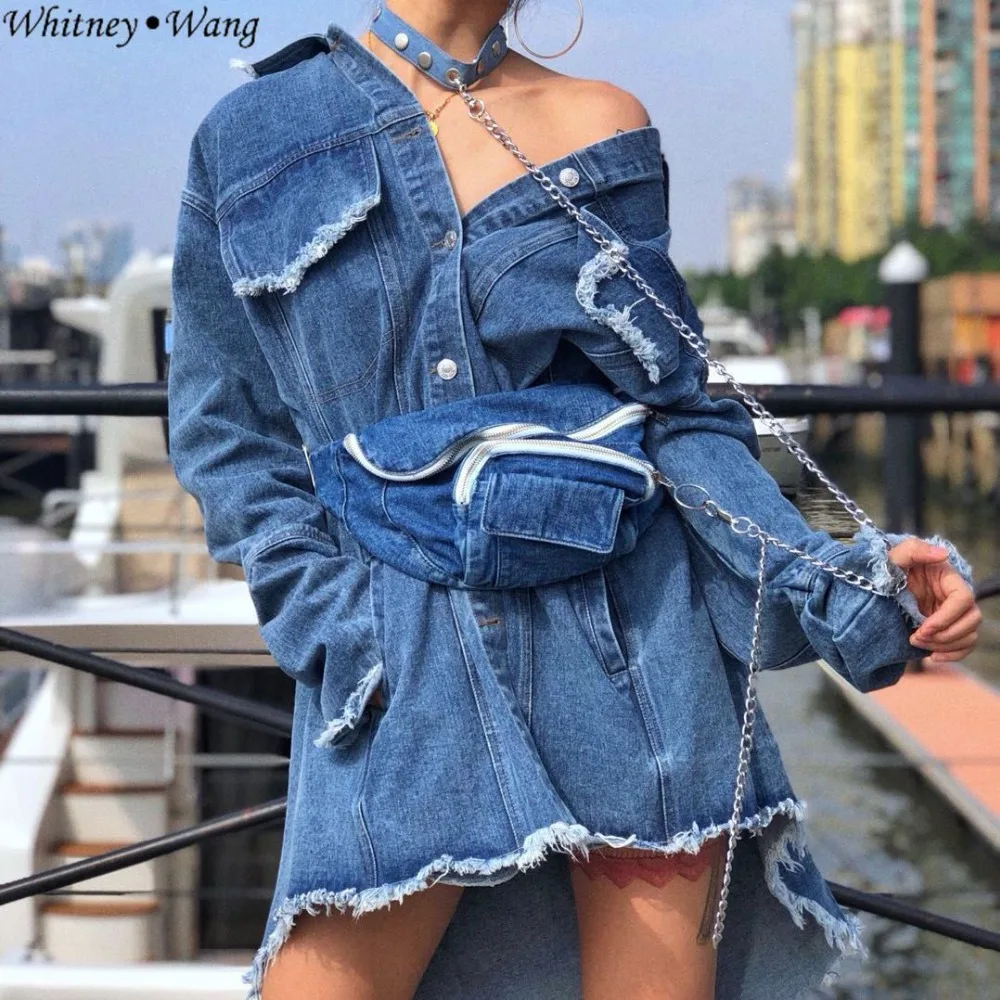 WHITNEY WANG 2019 весна осень мода уличная Холтер цепи рваные джинсовые блузки с поясной