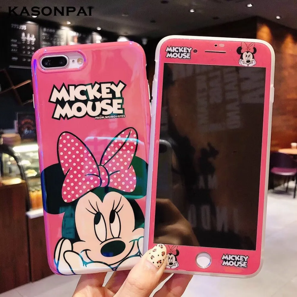 

Blu-Ray 360 Full Cover Mickey Minnie TPU Phone Case + Glass for IPhone X XS Max XR 8 7 6 6S Plus Cartoon Girl Coque Accessories