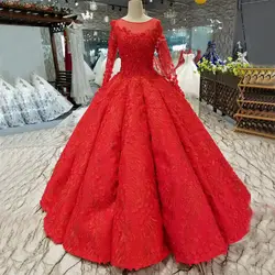 Длинные рукава, красное вечерние, свадебные платья 3D цветы 2019 Vestido De Noiva Sheer шеи Паффи Элегантный Свадебные платья «Принцесса»