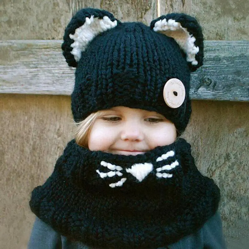 

Winter Cute Cat Soft Warm Beanie and Scarf Set for Baby Girls 2-8 Years Kid Knitted Hat Shawl Hooded Cowl Beanie Cap for child