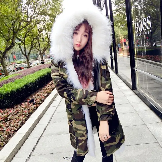 Cheap Fashion Women Camouflage Large Raccoon Fur Collar Hooded Coat Parkas Outwear Detachable Rabbit Fur Lining Winter Jacket ZZ263