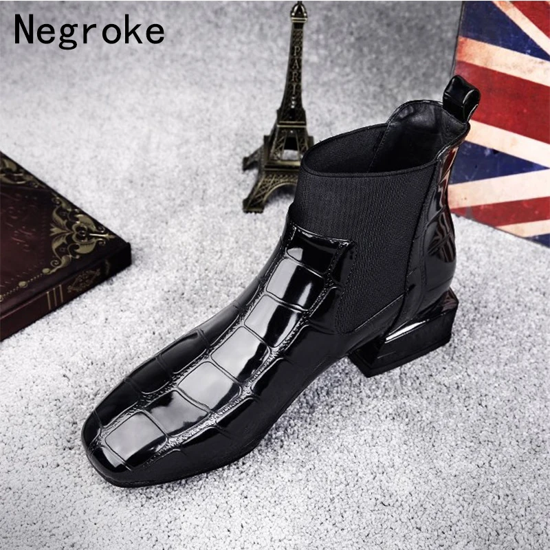 

Spring Mujer 2019 Chic Womens Boots Shiny PU Leather Shoes Woman Spuare Toe Block Heels Elastic Ankle Boots Female Yasilaiya