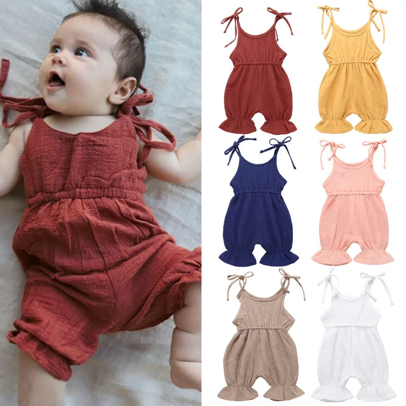

Cute Baby Girl Ruffle Solid Color Linen Romper Jumpsuit Outfits Sunsuit for Newborn Infant Children Clothes Kid Clothing