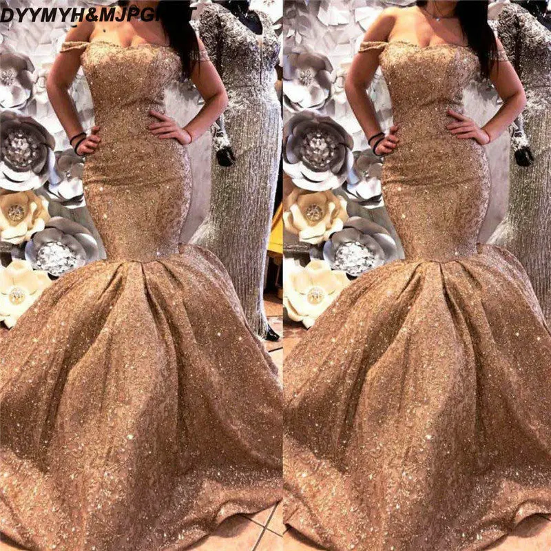 Dubai Design Luxury Gold Glitter Evening Dresses 2019 Boat Neck Sleeveless Sexy Evening Gowns Real Phot_