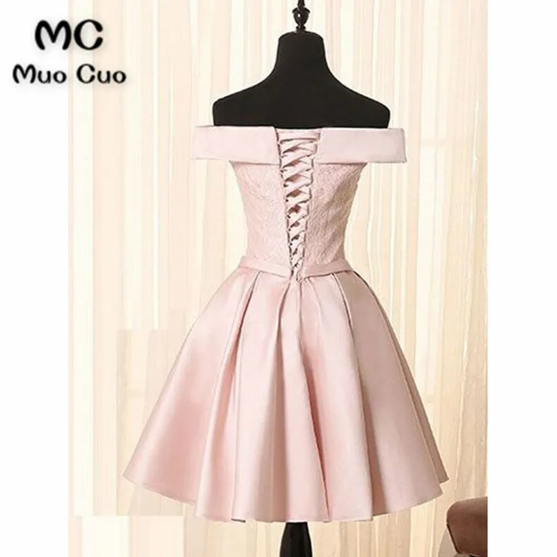 Simple A Line Off the Shoulder Pearl Pink Satin Short Homecoming Dresses with Lace43