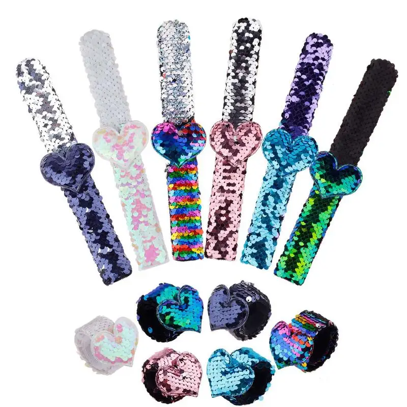 

12 pcs magic sequins mermaid slap bracelets Fashion Bracelets Love Shape Fashion Wristbands Gifts Love Sequins Pat Ring Bracelet