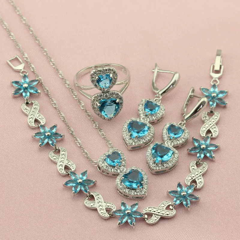 

Classic New Top Heart Five Colors Crystal Silver Color Jewelry Sets For Women Drop Earrings Bracelet Necklace Ring Free Gift Box