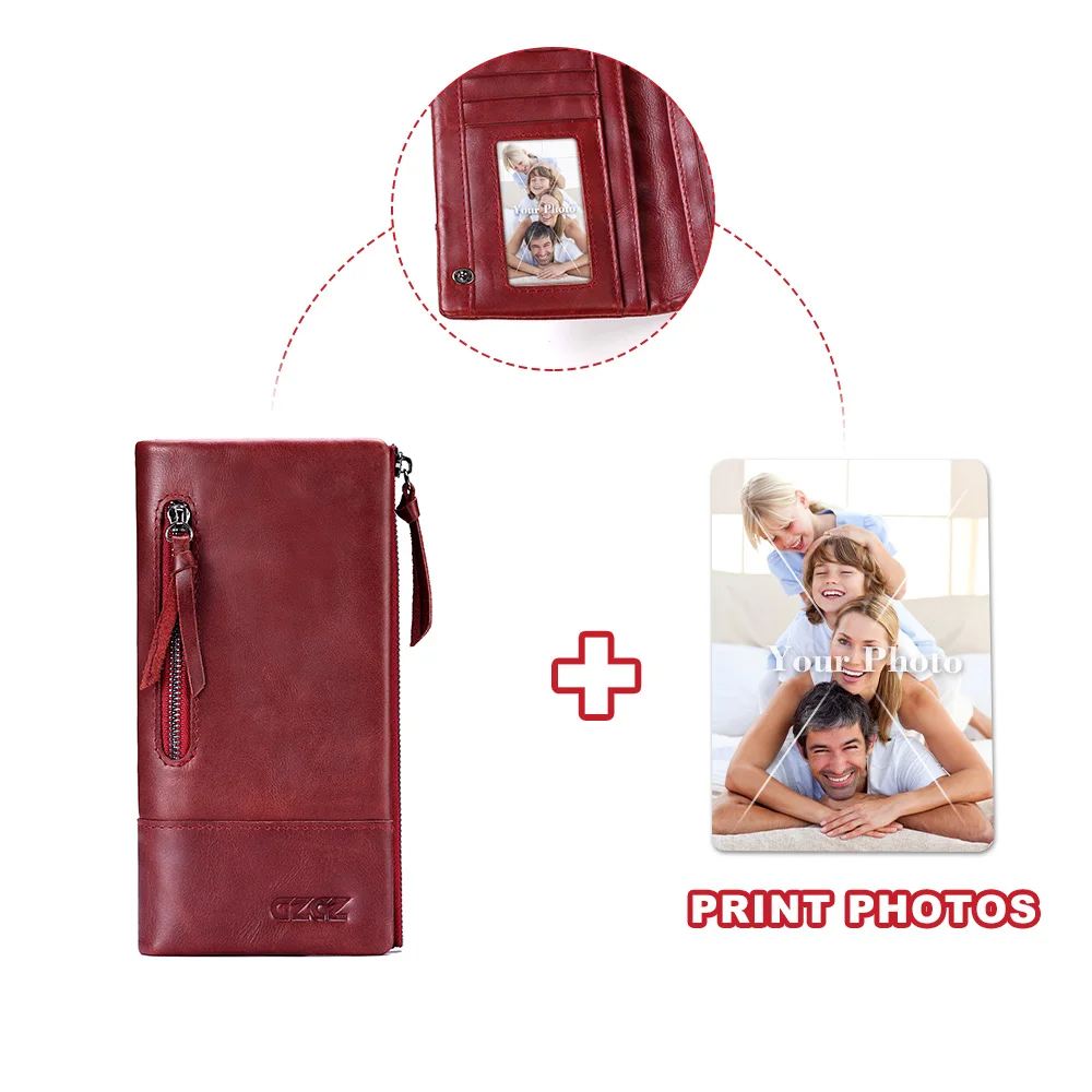 GZCZ Женский кошелек из натуральной кожи, женский кошелек, женский красный клатч, Vallet ID, кредитный держатель для карт, монет, денег, гравировка - Цвет: Red-Photo