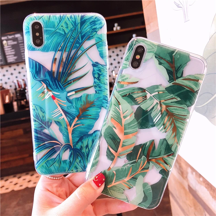 

Elegant plating XSMAX Phone Case for iPhone 6 6s Plus 7 8 Plus X case iPhone XS XR XS MAX Graceful Back cover blue green leaves