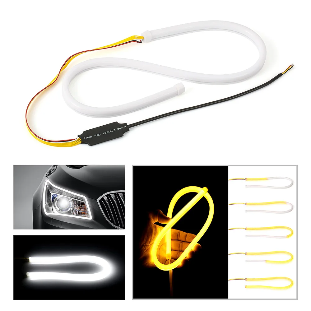 

2pc Flowing LED Turn Signal DRL Tube 60cm LED Guide Light Flexible soft guide strip White turn yellow Car Daytime Running Lights