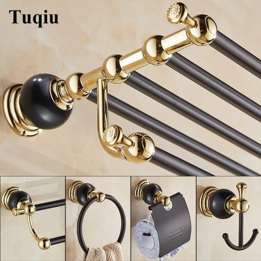 Günstige Neue messing und Jade Gold Schwarz Badezimmer Zubehör Set, Papier Halter, Handtuch Bar, Seife korb, handtuch rack, haken bad Hardware set