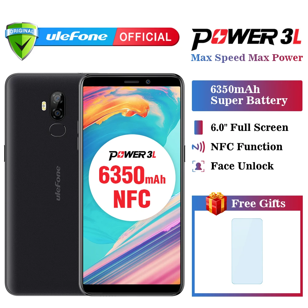 Мобильный телефон Ulefone power 3L 6," HD+ Android 8,1, четырехъядерный процессор MTK6739, 2 ГБ+ 16 Гб NFC, 13 МП+ 5 Мп камера, 6350 мАч, смартфон с функцией распознавания лица, 4G