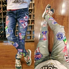 Жан Femme 2016 High Street Fashion Знак Лоскутное Джинсы Промытые Отверстия Джинсовые Ноги Тонкий Вскользь Брюки A-147