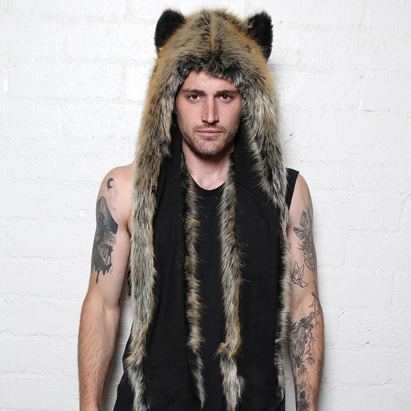 

Men Faux Fur Hood Animal Hat Ear Flaps Hand Pockets 3in1 Animal Hood Hat Wolf Plush Warm Animal Cap with Scarf Gloves