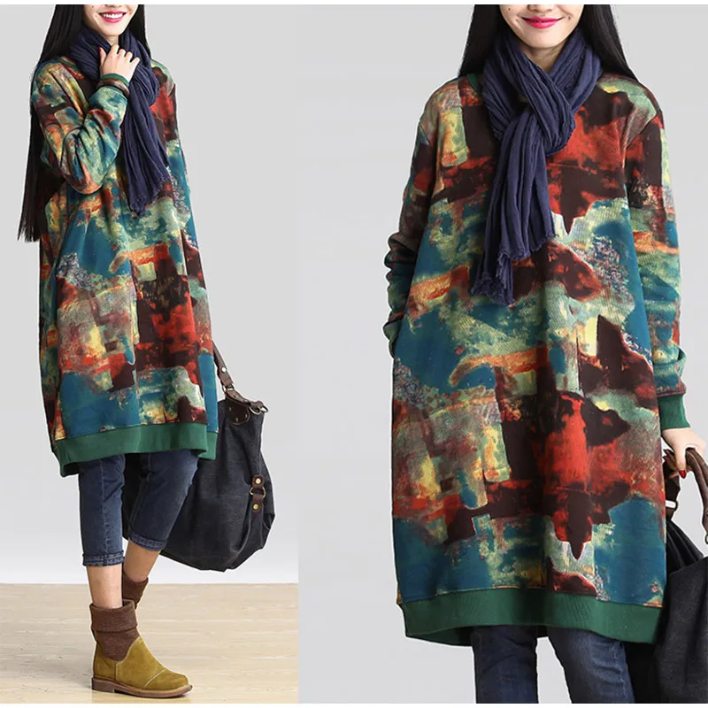

Women's Print Long Sleeve Vintage Mini Dress Loose Casual Streetwear Straight Dresses Plus Size Spring Woman Female Clothes