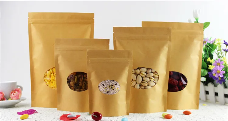 

18*26cm,100pcs Stand up Kraft paper Ziplock bag with clear oval window, storage melon seeds/tea-leaf craft paper doypack
