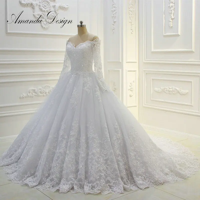 

Amanda Design Off the Shoulder Long Sleeve Lace Appliqued Wedding Dress robe de mariee