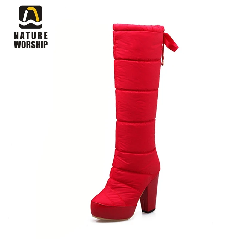 

Nature Worship New Fashion High Square Heels Women Shoes Down Patent Leather Winter Boots Plush Warm Knee High Boots Big Size 40