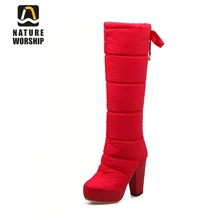 Nature Worship New Fashion High Square Heels Women Shoes Down Patent Leather Winter Boots Plush Warm Knee High Boots Big Size 40 Nature Worship New Fashion High Square Heels Women Shoes Down Patent Leather Winter Boots Plush Warm Knee High Boots Big Size 40