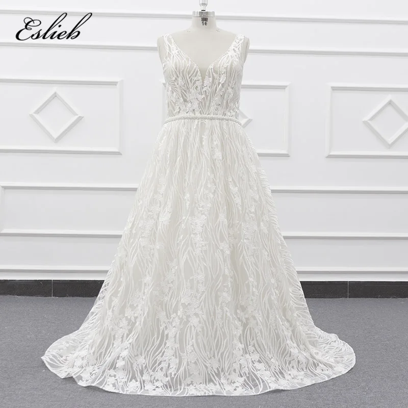 

Eslieb Plus Size Wedding Dresses Elegant Deep V-neck Wedding dress 2019 Big Size Lace Bridal Dresses Vestido de Noiva China