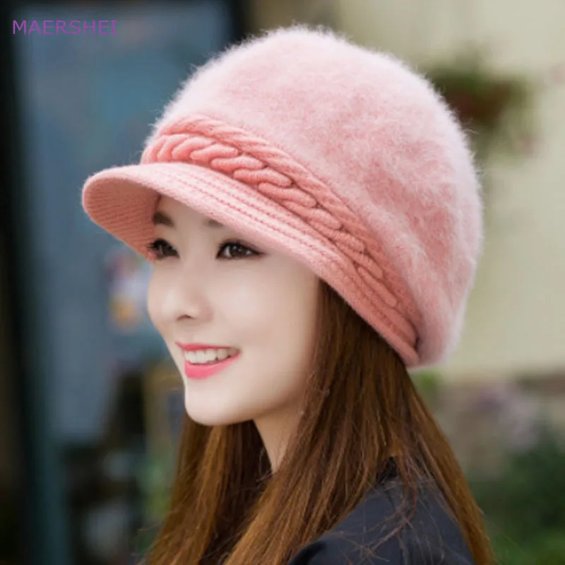 

MAERSHEI Winter hat women's Korean version of rabbit fur hats Girls fashion white duck berets warm knitting hat