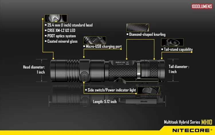 Распродажа! NITECORE MH10 1000 люмен U2 светодиодный открытый перезаряжаемый портативный фонарик USB кабель для зарядного устройства+ 1x18650 Батарея