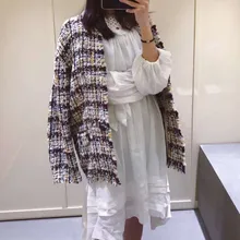 Новое поступление одежды осень-зима Однобортный Шерстяное пальто Модный комплект в клетку с длинными рукавами и v-образным вырезом куртка с кисточками