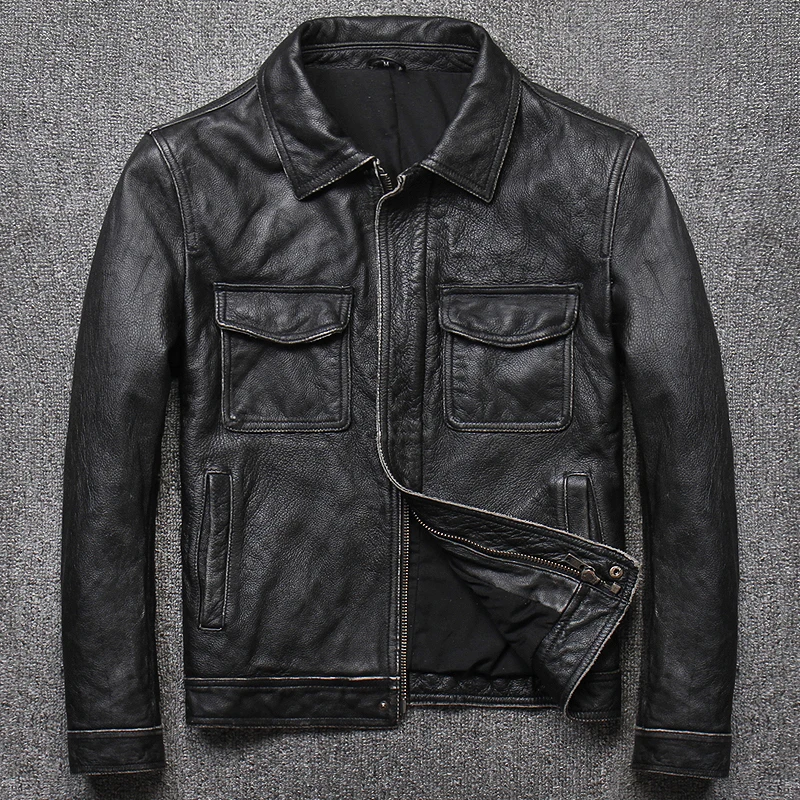 

2019 Fashion Cowhide Motorcycle Biker Clothing Genuine Leather Jacket Men Vintage Black Youth Casual Slim Fit Real Leather Coat